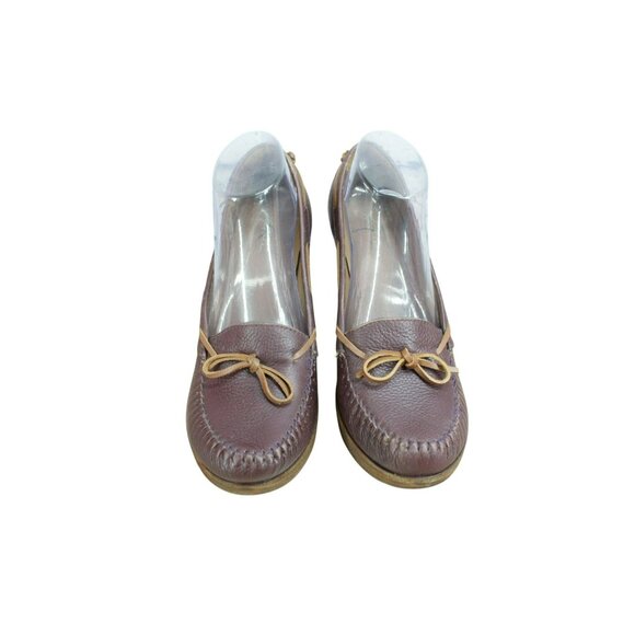 LL Bean Brown Leather Wedge Heel Moccasin Loafer Platform Shoes Size 9.5 M - Picture 5 of 9